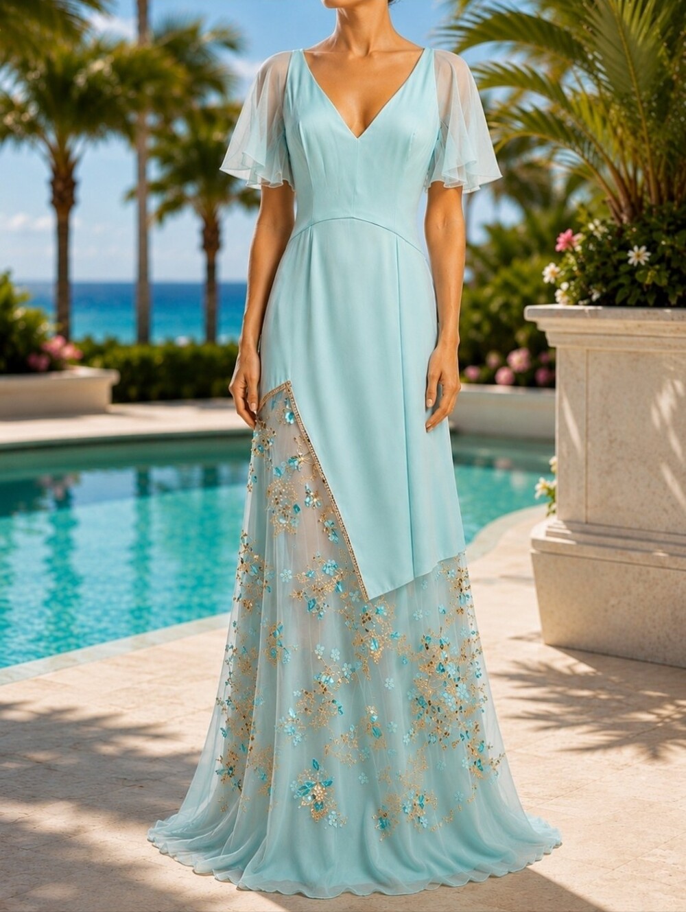Blumarine Beaded Embroidered Aqua Gown • Made in Italy Sheer Floral Maxi Dress